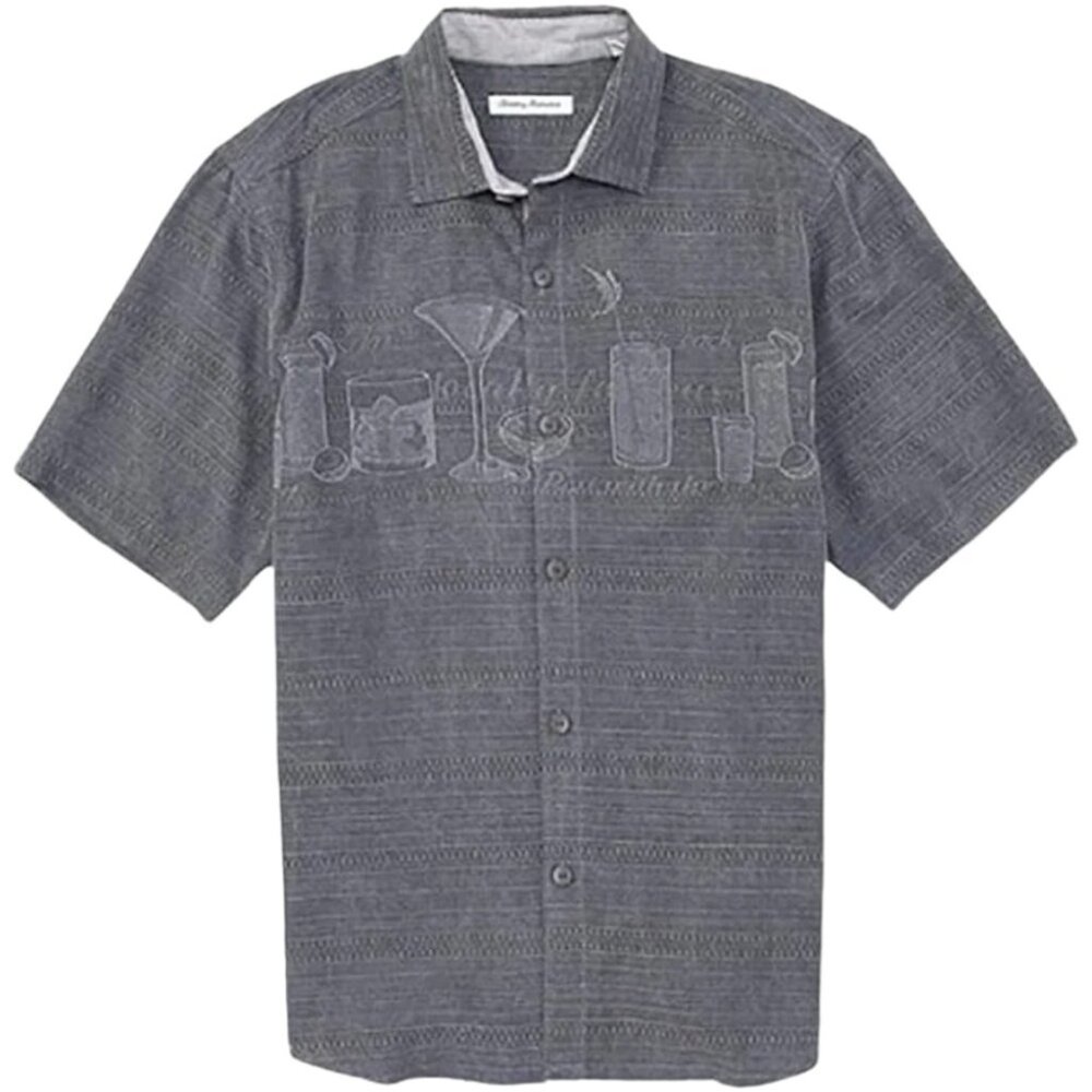 Tommy Bahama Line Em Up Silk Camp Shirt Mens Medium Steel Wool Drinking Theme